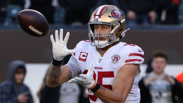 CINCINNATI, OHIO - DECEMBER 12: George Kittle #85 of the San Francisco 49ers warms up before the game against the Cincinnati Bengals at Paul Brown Stadium on December 12, 2021 in Cincinnati, Ohio.