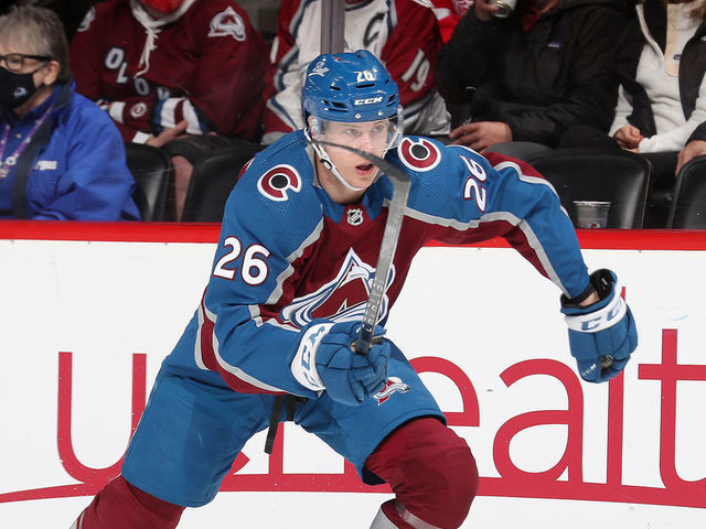 DENVER, COLORADO - DECEMBER 10: Jacob MacDonald #26 of the Colorado Avalanche skates against the Detroit Red Wings at Ball Arena on December 10, 2021 in Denver, Colorado.