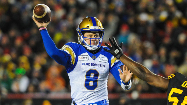 CALGARY, AB - NOVEMBER 24: Zach Collaros #8 of the Winnipeg Blue Bombers passes against the Hamilton Tiger-Cats during the 107th Grey Cup Championship Game at McMahon Stadium on November 24, 2019 in Calgary, Alberta, Canada.