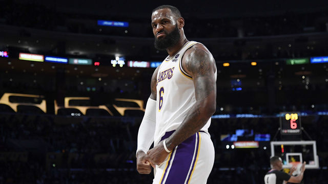 LOS ANGELES, CA - DECEMBER 12: LeBron James #6 of the Los Angeles Lakers reacts after scoring a basket and drawing a foul against Orlando Magic during the first half at Staples Center on December 12, 2021 in Los Angeles, California. NOTE TO USER: User expressly acknowledges and agrees that, by downloading and/or using this Photograph, user is consenting to the terms and conditions of the Getty Images License Agreement.