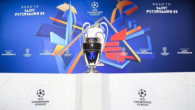 NYON, SWITZERLAND - DECEMBER 13: A general view of the stage during the UEFA Champions League 2021/22 Round of 16 Draw at the UEFA headquarters, The House of European Football, on December 13, 2021, in Nyon, Switzerland.