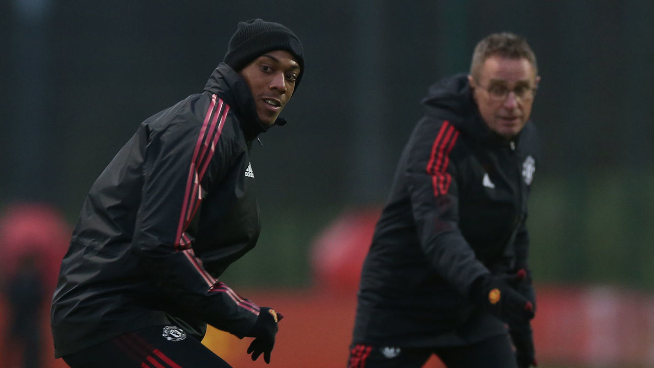 MANCHESTER, ENGLAND - DECEMBER 03: (EXCLUSIVE COVERAGE) Anthony Martial and Interim Manager Ralf Rangnick of Manchester United in action during a first team training session on December 03, 2021 in Manchester, England.