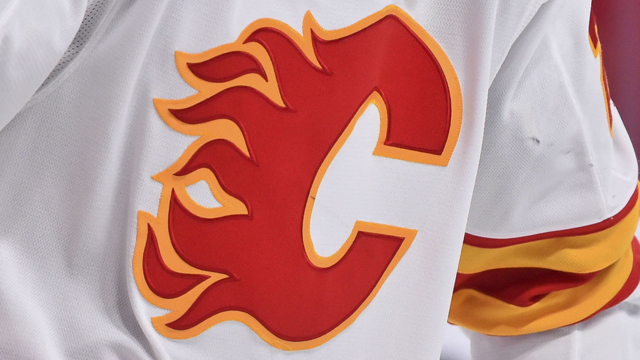 MONTREAL, QC - JANUARY 30: A detail of the Calgary Flames logo is seen during the second period against the Montreal Canadiens at the Bell Centre on January 30, 2021 in Montreal, Canada. The Calgary Flames defeated the Montreal Canadiens 2-0.