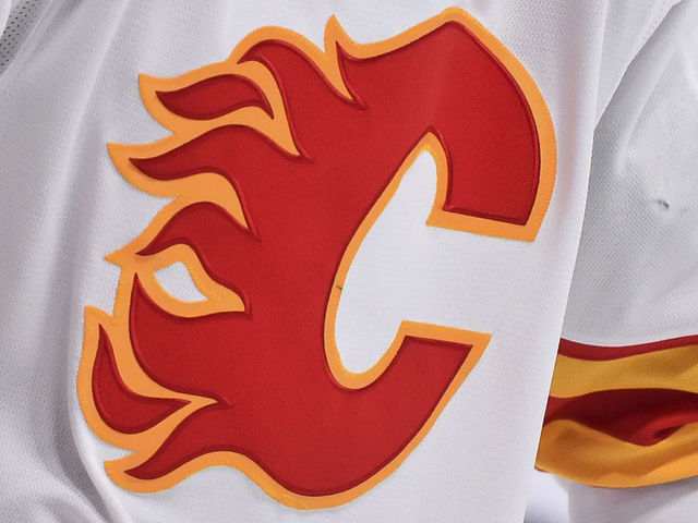 MONTREAL, QC - JANUARY 30: A detail of the Calgary Flames logo is seen during the second period against the Montreal Canadiens at the Bell Centre on January 30, 2021 in Montreal, Canada. The Calgary Flames defeated the Montreal Canadiens 2-0.