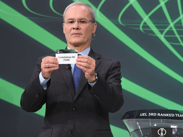 NYON, SWITZERLAND - DECEMBER 13: UEFA Deputy General Secretary Giorgio Marchetti draws out the card of Fenerbahçe SK during the UEFA Europa Conference League 2021/22 Knockout Play offs Round Draw at the UEFA headquarters, The House of European Football, on December 13, 2021, in Nyon, Switzerland.