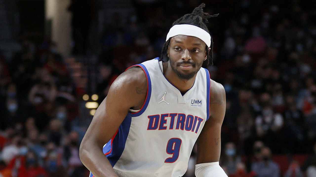 PORTLAND, OREGON - NOVEMBER 30: Jerami Grant #9 of the Detroit Pistons dribbles against the Portland Trail Blazers during the third quarter at Moda Center on November 30, 2021 in Portland, Oregon.