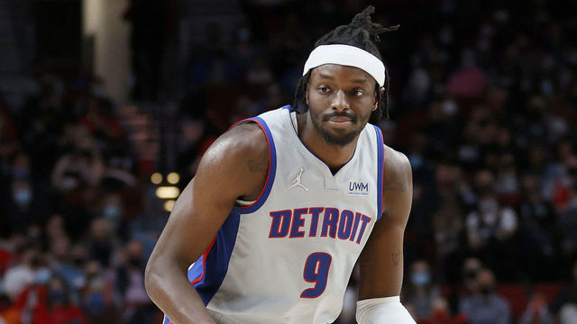 PORTLAND, OREGON - NOVEMBER 30: Jerami Grant #9 of the Detroit Pistons dribbles against the Portland Trail Blazers during the third quarter at Moda Center on November 30, 2021 in Portland, Oregon.