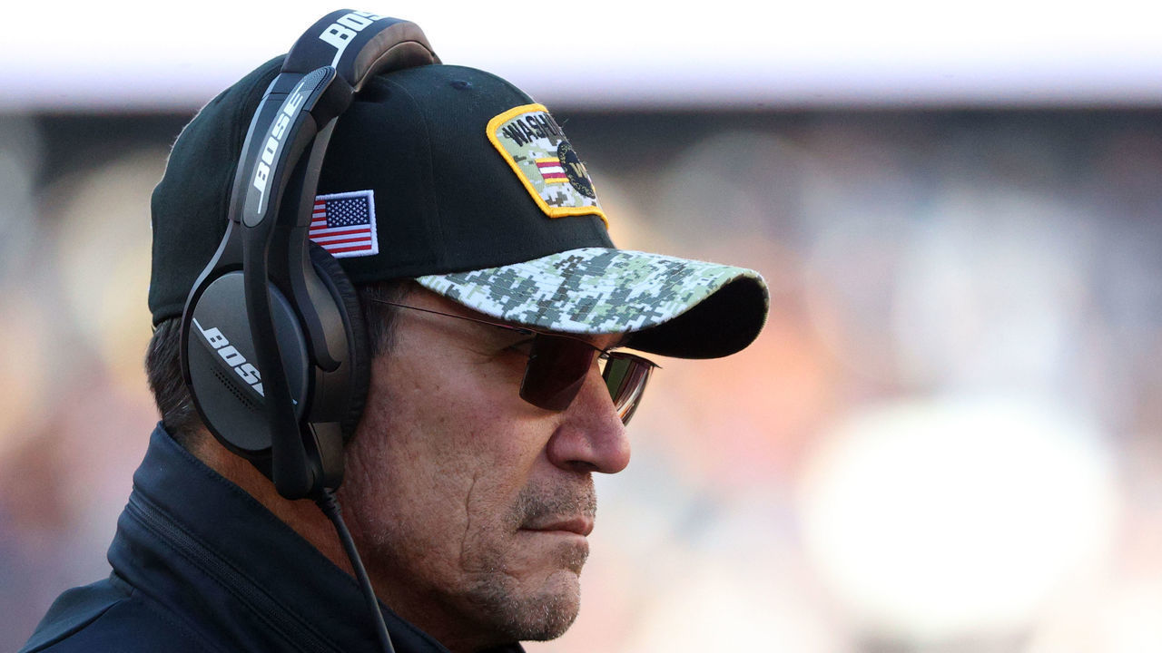 LANDOVER, MARYLAND - DECEMBER 12: Head coach Ron Rivera of the Washington Football Team looks on against the Dallas Cowboys during the first quarter at FedExField on December 12, 2021 in Landover, Maryland.
