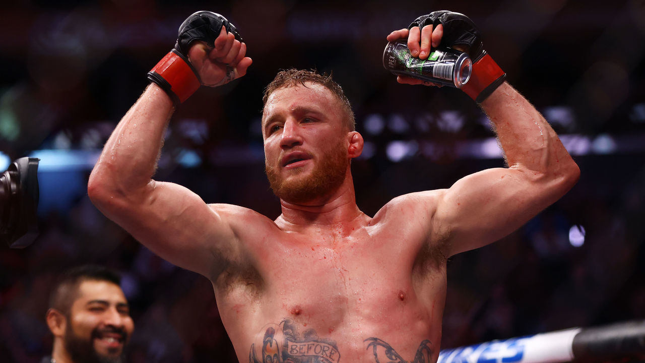NEW YORK, NEW YORK - NOVEMBER 06: Justin Gaethje celebrates after his decision victory over Michael Chandler in their lightweight bout during the UFC 268 event at Madison Square Garden on November 06, 2021 in New York City.
