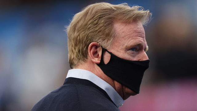 INGLEWOOD, CALIFORNIA - OCTOBER 04: NFL commissioner Roger Goodell wears a protective face covering due to the Covid-19 pandemic before the Las Vegas Raiders play against the Los Angeles Chargers at SoFi Stadium on October 4, 2021 in Inglewood, California.
