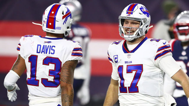 FOXBOROUGH, MA - DECEMBER 28: Josh Allen #17 of the Buffalo Bills smiles during a game against the New England Patriots at Gillette Stadium on December 28, 2020 in Foxborough, Massachusetts.