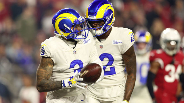 GLENDALE, ARIZONA - DECEMBER 13: Odell Beckham Jr. #3 of the Los Angeles Rams celebrates scoring a touchdown with teammate Van Jefferson #12 in the second quarter of the game against the Arizona Cardinals at State Farm Stadium on December 13, 2021 in Glendale, Arizona.