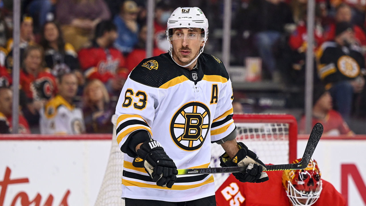 CALGARY, AB - DECEMBER 11: Boston Bruins Left Wing Brad Marchand (63) looks on during the first period of an NHL game where the Calgary Flames hosted the Boston Bruins on December 11, 2021, at the Scotiabank Saddledome in Calgary, AB.