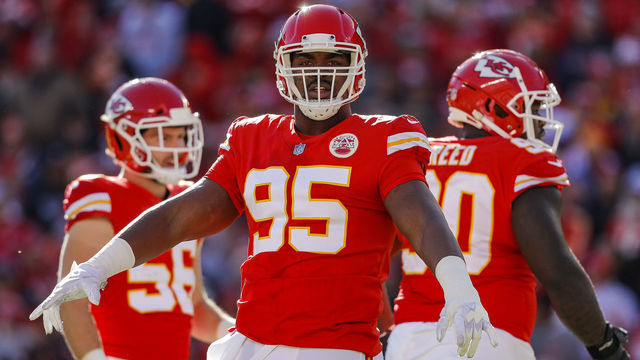 KANSAS CITY, MO - DECEMBER 12: Chris Jones #95 of the Kansas City Chiefs reacts to the crowd noise during the first quarter against the Las Vegas Raiders at Arrowhead Stadium on December 12, 2021 in Kansas City, Missouri.