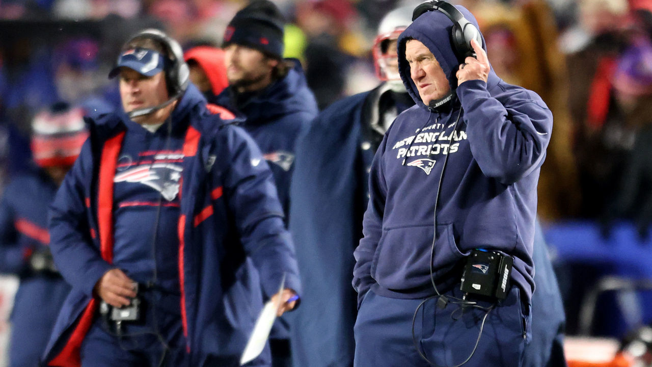 ORCHARD PARK, NEW YORK - DECEMBER 06: head coach Bill Belichick of the New England Patriots reacts during the second quarter against the Buffalo Bills at Highmark Stadium on December 06, 2021 in Orchard Park, New York.