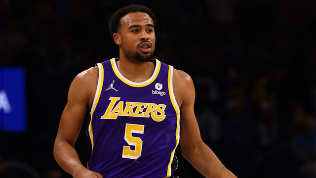 OKLAHOMA CITY, OK - DECEMBER 10: Talen Horton-Tucker #5 of the Los Angeles Lakers dribbles the ball during the game against the Oklahoma City Thunder on December 10, 2021 at Paycom Arena in Oklahoma City, Oklahoma. Mandatory Copyright Notice: Copyright 2021 NBAE
