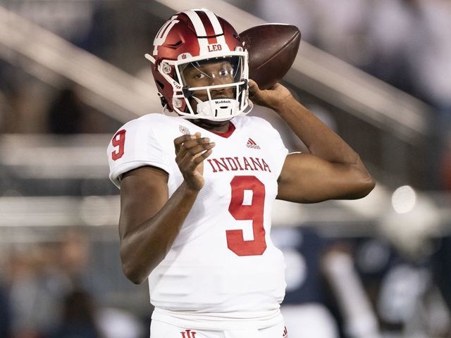 UNIVERSITY PARK, PA - OCTOBER 02: Indiana Hoosiers Quarterback Michael Penix Jr. (9) warms up prior to the College Football game between the Indiana Hoosiers and the Penn State Nittany Lions on October 2, 2021, at Beaver Stadium in University Park, PA.