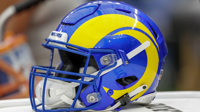 INGLEWOOD, CA - SEPTEMBER 26: Los Angeles Rams helmet during a game between the Tampa Bay Buccaneers and the Los Angeles Rams at SoFi Stadium on September 26, 2021 in Inglewood, California.