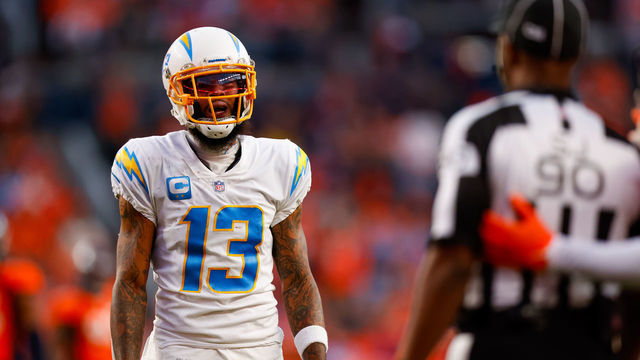 DENVER, CO - NOVEMBER 28: Wide receiver Keenan Allen #13 of the Los Angeles Chargers argues a non-call with a referee during the second half against the Denver Broncos at Empower Field at Mile High on November 28, 2021 in Denver, Colorado.