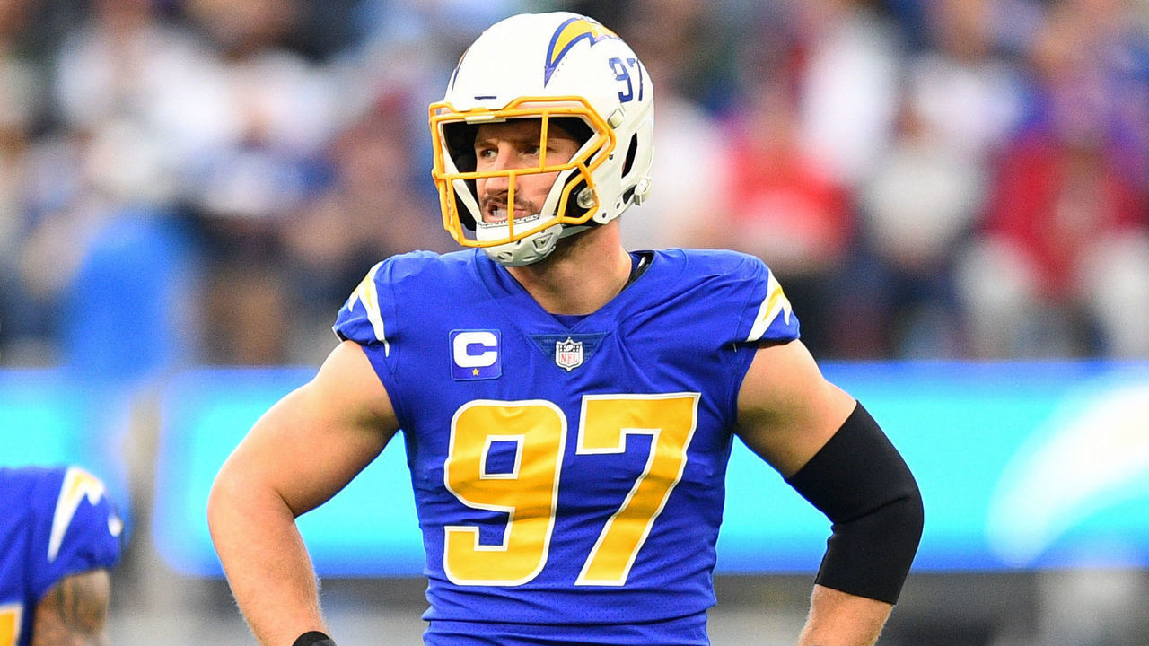 INGLEWOOD, CA - DECEMBER 12: Los Angeles Chargers Defensive End Joey Bosa (97) looks on during the NFL game between the New York Giants and the Los Angeles Chargers on December 12, 2021, at SoFi Stadium in Inglewood, CA.