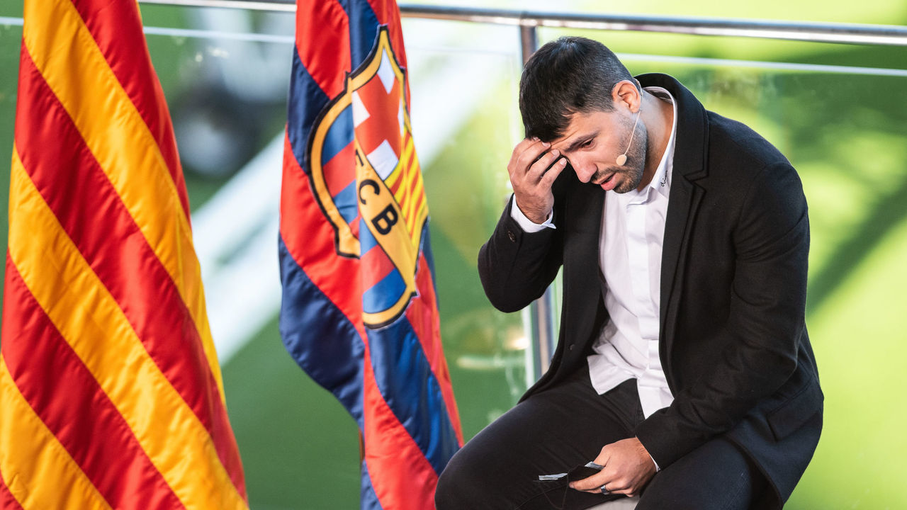 BARCELONA, SPAIN - DECEMBER 15: Sergio Kun Aguero of FC Barcelona attends during a press conference to announce his retirement from football at Camp Nou stadium on December 15, 2021, Barcelona, Spain.