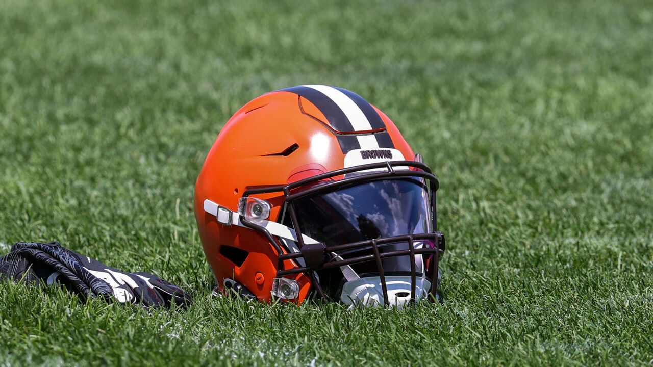 BEREA, OH - AUGUST 03: A Cleveland Browns helmet sits on the field during the Cleveland Browns Training Camp on August 3, 2021, at the at the Cleveland Browns Training Facility in Berea, Ohio.
