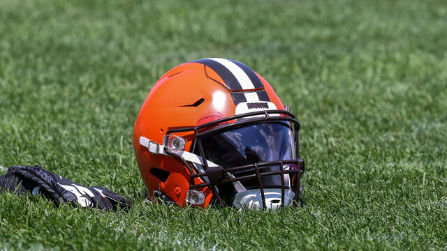 BEREA, OH - AUGUST 03: A Cleveland Browns helmet sits on the field during the Cleveland Browns Training Camp on August 3, 2021, at the at the Cleveland Browns Training Facility in Berea, Ohio.