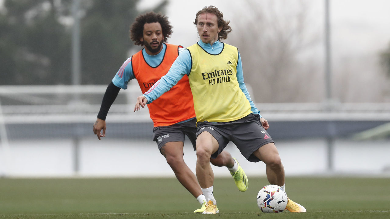 MADRID, SPAIN - FEBRUARY 03: Luka Modric and Marcelo Silva of Real Madrid in action during a training session at Valdebebas training ground on February 03, 2021 in Madrid, Spain.