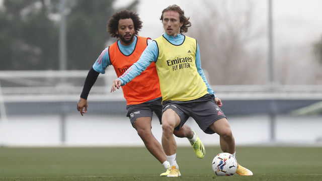 MADRID, SPAIN - FEBRUARY 03: Luka Modric and Marcelo Silva of Real Madrid in action during a training session at Valdebebas training ground on February 03, 2021 in Madrid, Spain.