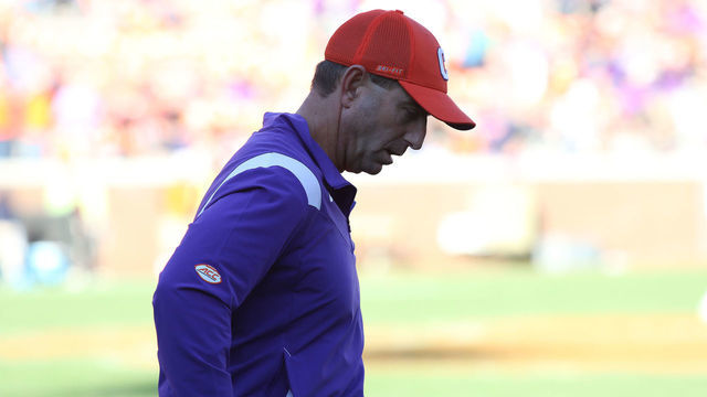 CLEMSON, SC - NOVEMBER 13: Dabo Swinney head coach of Clemson during a college football game between the University of Connecticut Huskies and the Clemson Tigers, on November 13, 2021, at Clemson Memorial Stadium in Clemson, S.C.