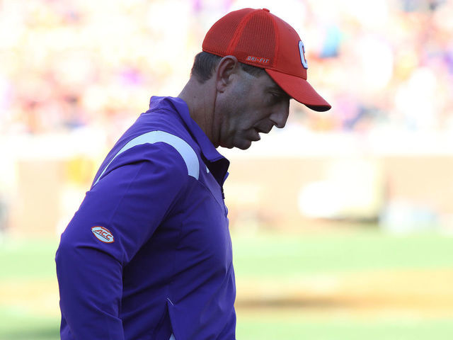 CLEMSON, SC - NOVEMBER 13: Dabo Swinney head coach of Clemson during a college football game between the University of Connecticut Huskies and the Clemson Tigers, on November 13, 2021, at Clemson Memorial Stadium in Clemson, S.C.