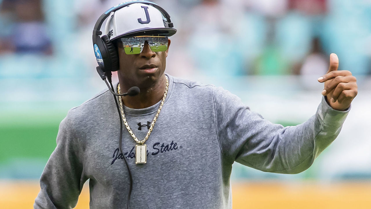 MIAMI GARDENS, FL - SEPTEMBER 05: Jackson State Tigers head coach Deion Sanders directs his players during the Orange Blossom Classic game between the Florida A&M Rattlers and the Jackson State Tigers on Sunday September 5th, 2021 at Hard Rock Stadium in Miami Gardens, FL.