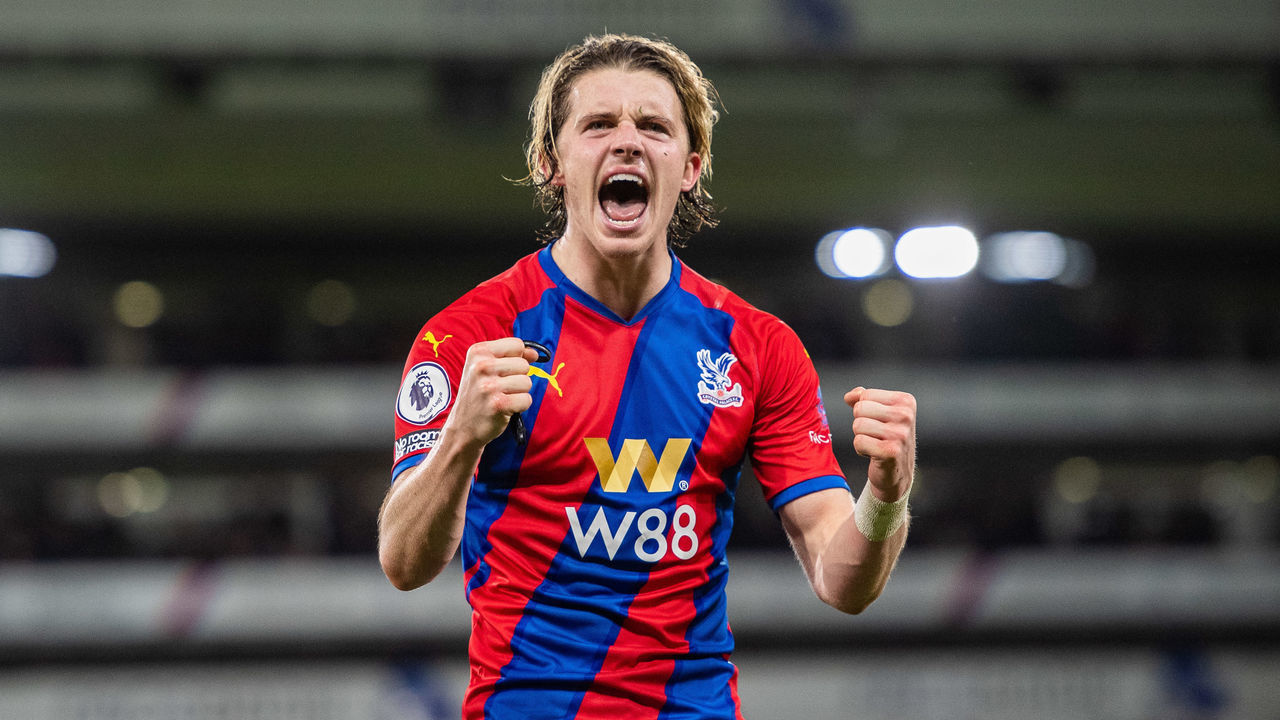 LONDON, ENGLAND - DECEMBER 12: Conor Gallagher of Crystal Palace celebrates after scoring his 2nd and his team 3rd goal during the Premier League match between Crystal Palace and Everton at Selhurst Park on December 12, 2021 in London, England.