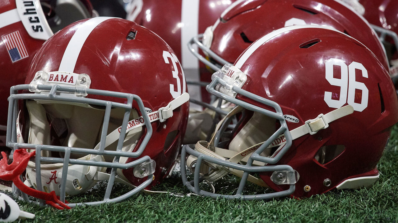 ATLANTA, GA - JANUARY 08: A detailed view of several Alabama Crimson Tide helmets rest on the field during the College Football Playoff National Championship Game between the Alabama Crimson Tide and the Georgia Bulldogs on January 8, 2018 at Mercedes-Benz Stadium in Atlanta, GA.