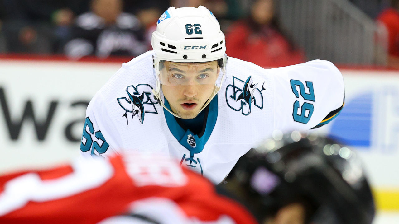 NEWARK, NJ - NOVEMBER 30: San Jose Sharks right wing Kevin Labanc (62) during the third period of the National Hockey Legue game between New Jersey Devils nd the San Jose Sharks on November 30, 2021 at the Prudential Center in Newark, NJ.