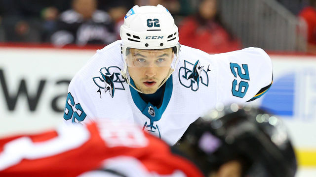 NEWARK, NJ - NOVEMBER 30: San Jose Sharks right wing Kevin Labanc (62) during the third period of the National Hockey Legue game between New Jersey Devils nd the San Jose Sharks on November 30, 2021 at the Prudential Center in Newark, NJ.