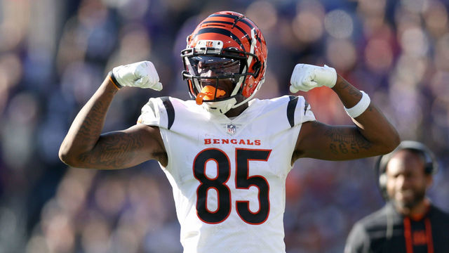 BALTIMORE, MARYLAND - OCTOBER 24: Tee Higgins #85 of the Cincinnati Bengals celebrates a touchdown by a teammate during the second half in the game against the Baltimore Ravens at M&T Bank Stadium on October 24, 2021 in Baltimore, Maryland.