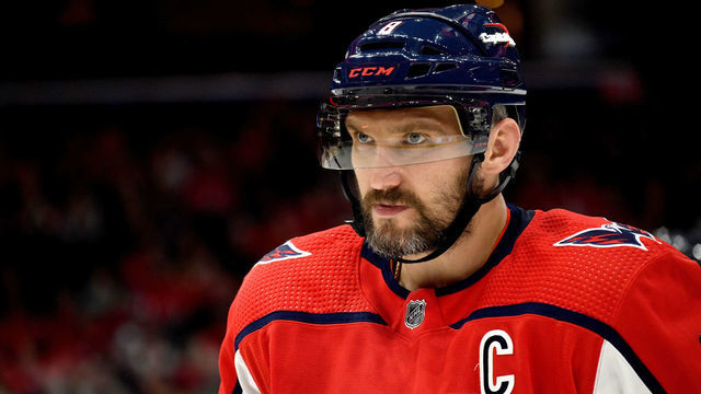 WASHINGTON, DC - DECEMBER 10: Capitals left wing Alexander Alex Ovechkin (8) looks with intense eyes as he skates to a face-off during the Pittsburgh Penguins versus Washington Capitals National Hockey League game on December 10, 2021 at Capital One Arena in Washington, D.C..