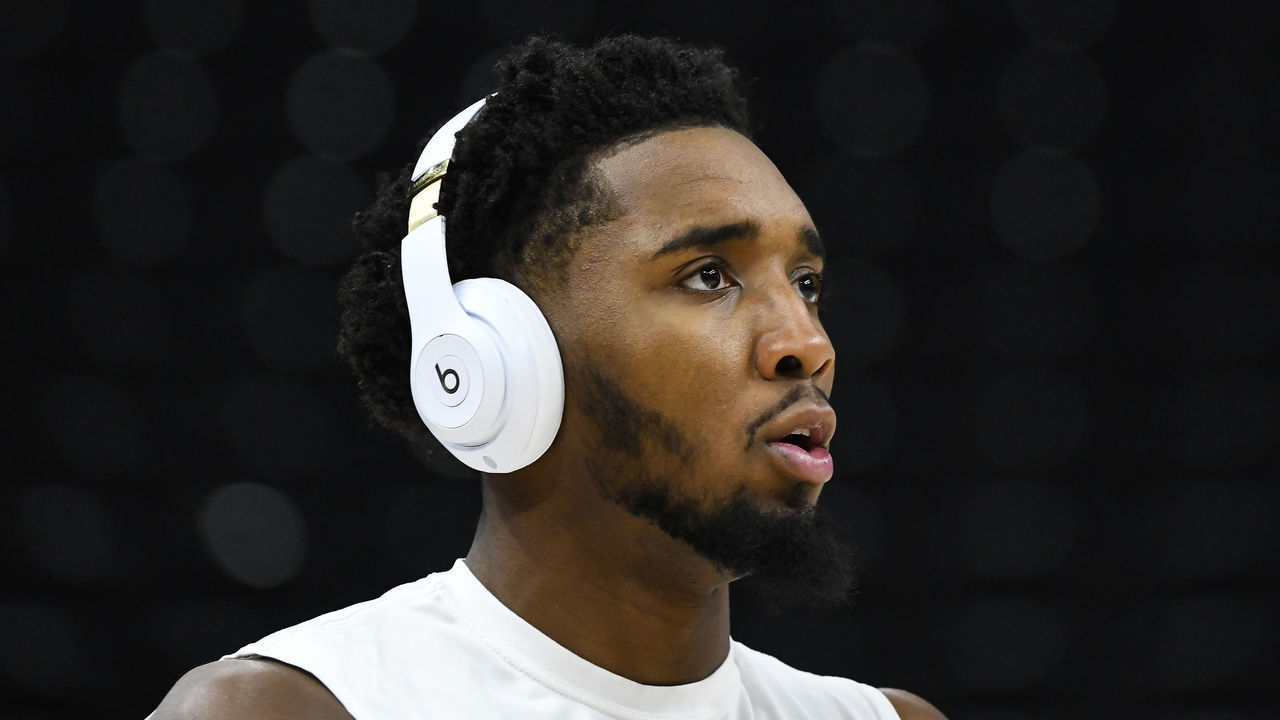 SALT LAKE CITY, UTAH - DECEMBER 15: Donovan Mitchell #45 of the Utah Jazz warms up before a game against the LA Clippers at Vivint Smart Home Arena on December 15, 2021 in Salt Lake City, Utah.