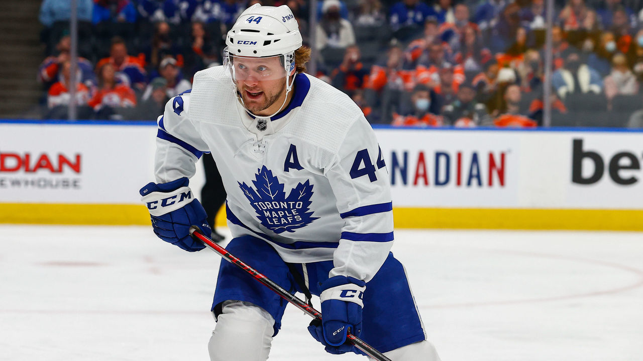 EDMONTON, AB - DECEMBER 14: Toronto Maple Leafs Defenceman Morgan Rielly (44) in action in the first period during the Edmonton Oilers game versus the Toronto Maple Leafs on December 14, 2021 at Rogers Place in Edmonton, AB.