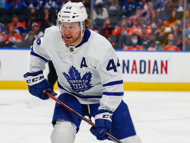 EDMONTON, AB - DECEMBER 14: Toronto Maple Leafs Defenceman Morgan Rielly (44) in action in the first period during the Edmonton Oilers game versus the Toronto Maple Leafs on December 14, 2021 at Rogers Place in Edmonton, AB.