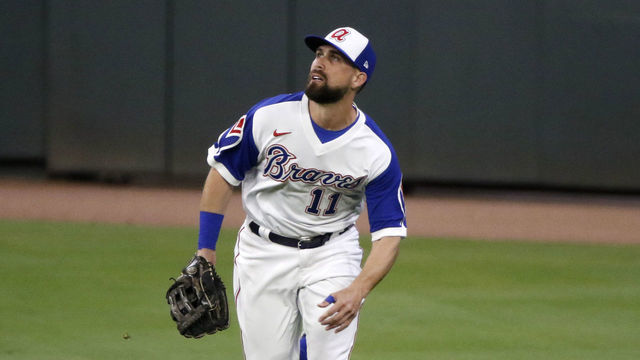 ATLANTA, GA - APRIL 13: Atlanta Braves center fielder Ender Inciarte (11) during the MLB game between the Miami Marlins and the Atlanta Braves on April 13, 2021 at Truist Park in Atlanta, Georgia