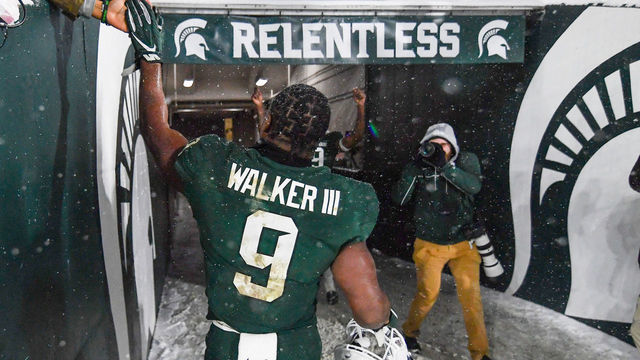 EAST LANSING, MI - NOVEMBER 27: Michigan State Spartans running back Kenneth Walker (9) walks off the field following a college football game between the Michigan State Spartans and Penn State Nittany Lions on November 27, 2021 at Spartan Stadium in East Lansing, MI.