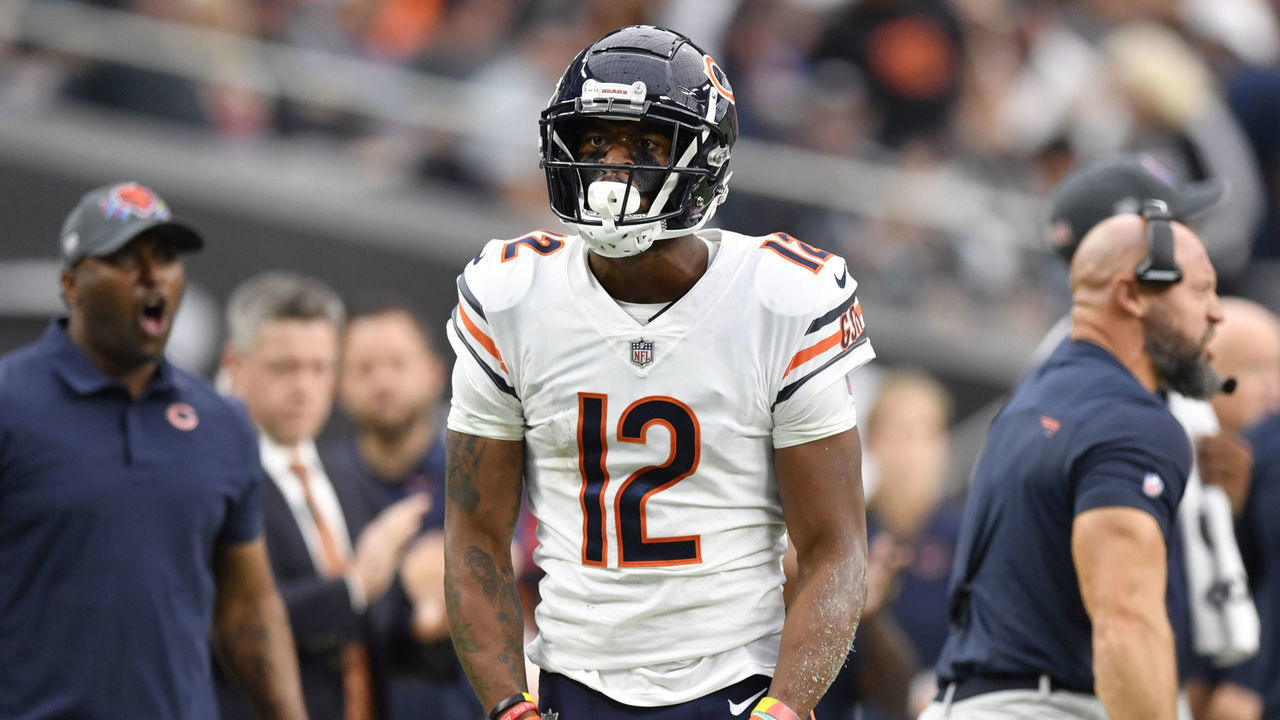 LAS VEGAS, NEVADA - OCTOBER 10: Wide receiver Allen Robinson #12 of the Chicago Bears reacts after his catch for a first down against the Las Vegas Raiders during the first half of a game at Allegiant Stadium on October 10, 2021 in Las Vegas, Nevada. The Bears defeated the Raiders 20-9.