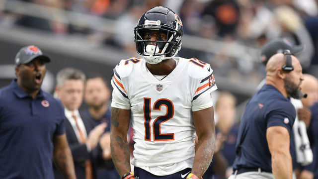 LAS VEGAS, NEVADA - OCTOBER 10: Wide receiver Allen Robinson #12 of the Chicago Bears reacts after his catch for a first down against the Las Vegas Raiders during the first half of a game at Allegiant Stadium on October 10, 2021 in Las Vegas, Nevada. The Bears defeated the Raiders 20-9.