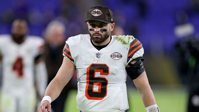 BALTIMORE, MARYLAND - NOVEMBER 28: Baker Mayfield #6 of the Cleveland Browns looks on during a game against the Baltimore Ravens at M&T Bank Stadium on November 28, 2021 in Baltimore, Maryland.