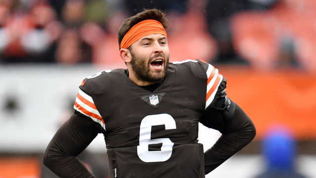 CLEVELAND, OHIO - NOVEMBER 21: Baker Mayfield #6 of the Cleveland Browns warms up before the game against the Detroit Lions at FirstEnergy Stadium on November 21, 2021 in Cleveland, Ohio.