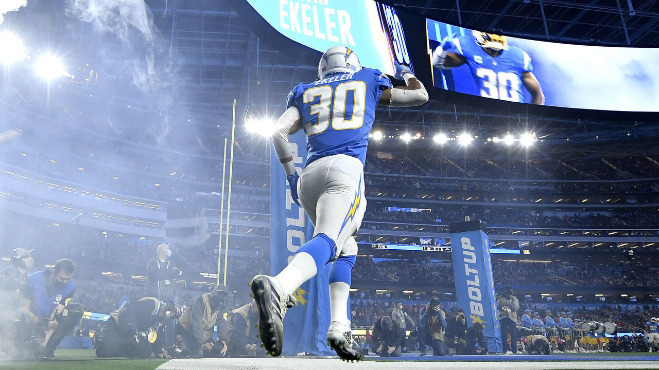 INGLEWOOD, CALIFORNIA - DECEMBER 16: Austin Ekeler #30 of the Los Angeles Chargers enters the field before the game before the game against the Kansas City Chiefs at SoFi Stadium on December 16, 2021 in Inglewood, California.