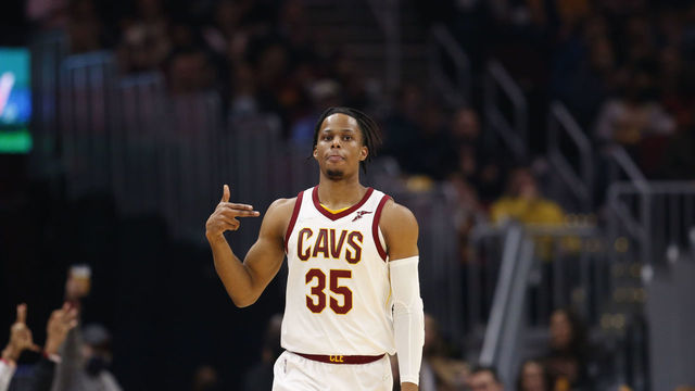 CLEVELAND, OH - DECEMBER 15: Isaac Okoro #35 of the Cleveland Cavaliers celebrates a three point basket during the game against the Houston Rockets on December 15, 2021 at Rocket Mortgage FieldHouse in Cleveland, Ohio. NOTE TO USER: User expressly acknowledges and agrees that, by downloading and/or using this Photograph, user is consenting to the terms and conditions of the Getty Images License Agreement. Mandatory Copyright Notice: Copyright 2021 NBAE