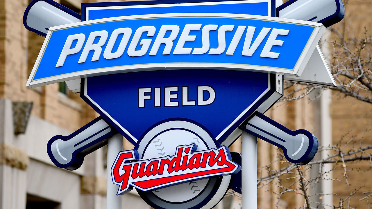 CLEVELAND, OHIO - NOVEMBER 19: New Cleveland Guardians signage is seen at Progressive Field on November 19, 2021 in Cleveland, Ohio. The Cleveland Indians officially changed their name to the Cleveland Guardians on Friday.